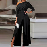 Women's Elegant One-Shoulder Jumpsuit With Long Sleeves & Pants Slit Pleated Waist Formal & Party For Spring&Summer - kinko